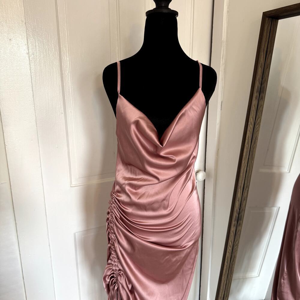 Satin Silky Dusty Rose Midi Dress with Side Ruching Women's Size Medium - Picture 4 of 5